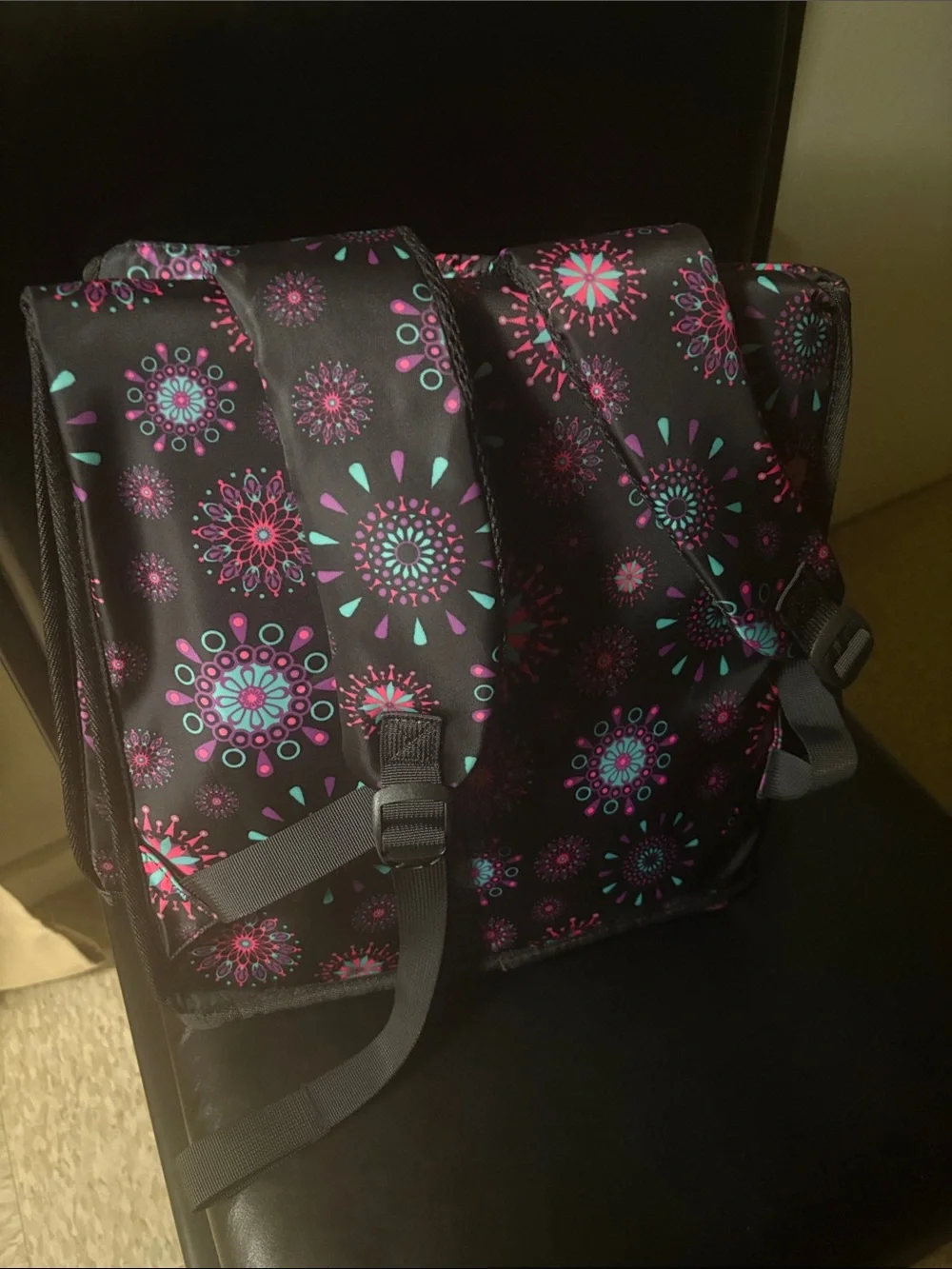 Stylish Black Drawstring Tote Bag with Pink & Teal Floral Print